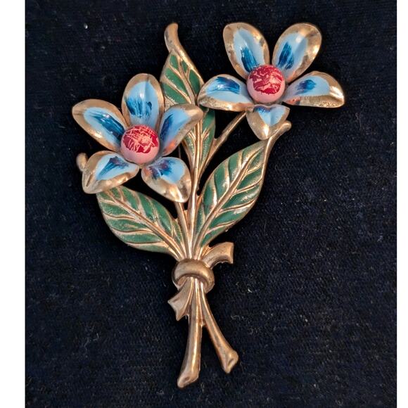 Vintage Over 3" Blue Red Green Enamel Floral Gold Tone Bouquet Brooch - Picture 1 of 5